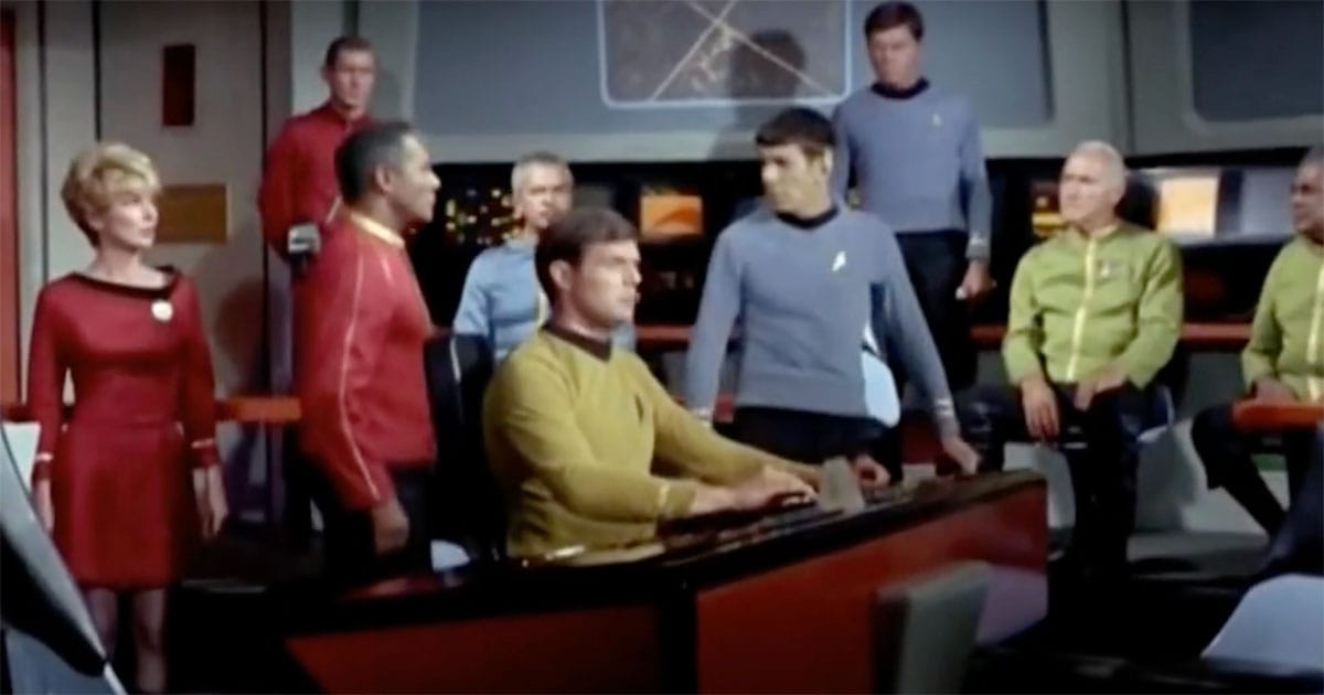 Enterprise crew assembled on the bridge during the trial scene in the "Star Trek" episode "Court Martial"