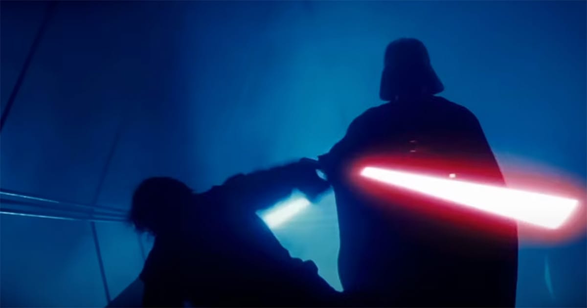 Darth Vader strikes down Luke Skywalker during their lightsaber duel in "The Empire Strikes Back"
