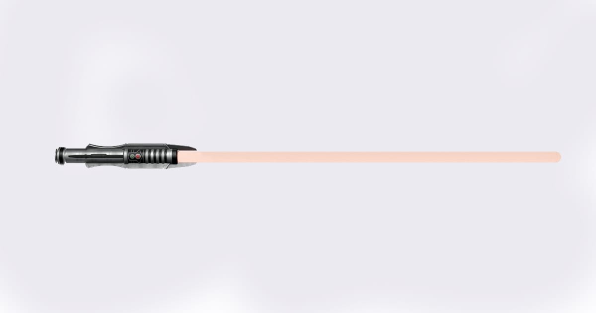 Darth Revan replica lightsaber with red-purple glow suspended against a minimalist backdrop, evoking classic Star Wars iconography