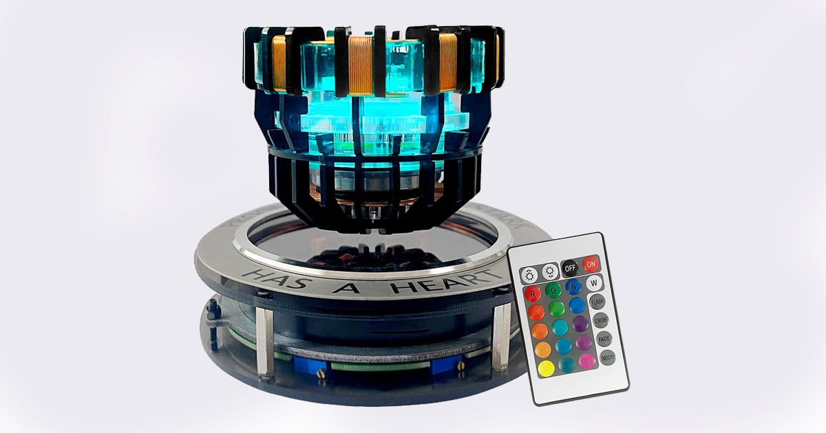 Levitating Arc Reactor MK1 replica with blue glow and remote control, designed as a 1 to 1 scale sci-fi display piece