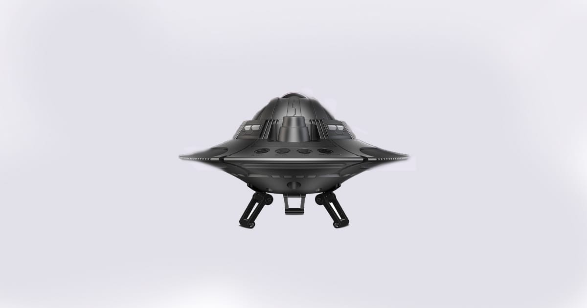 Black UFO-shaped galaxy projector with tripod landing gear and retro sci-fi saucer design