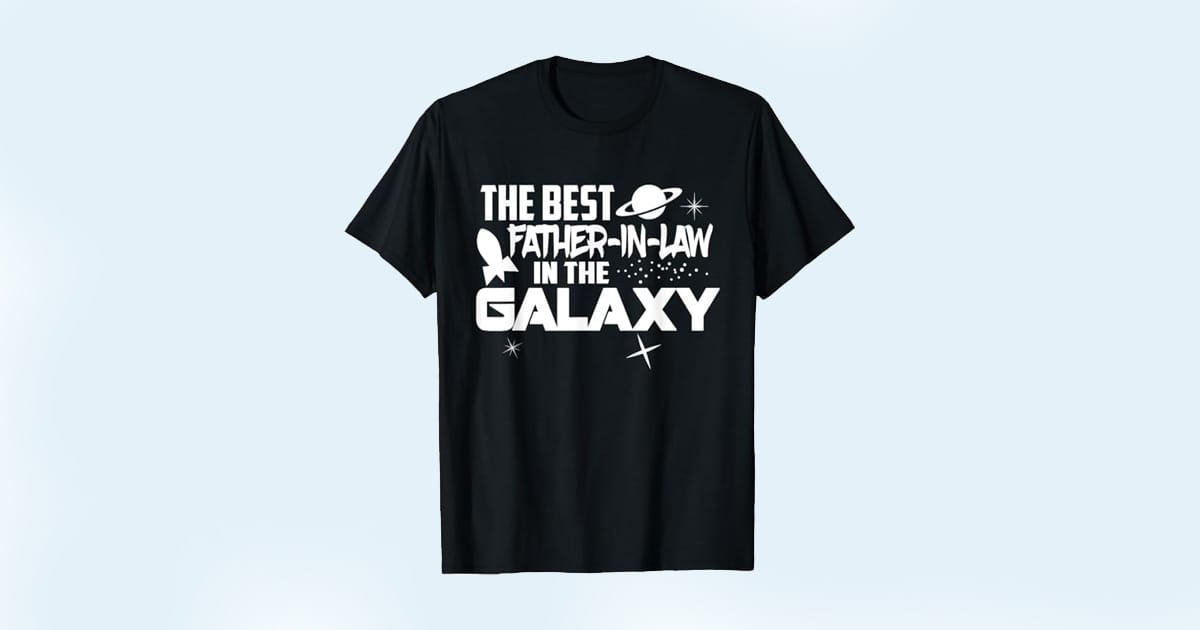 Black T-shirt with bold white lettering that reads "The Best Father-in-Law in the Galaxy" with planets and star icons