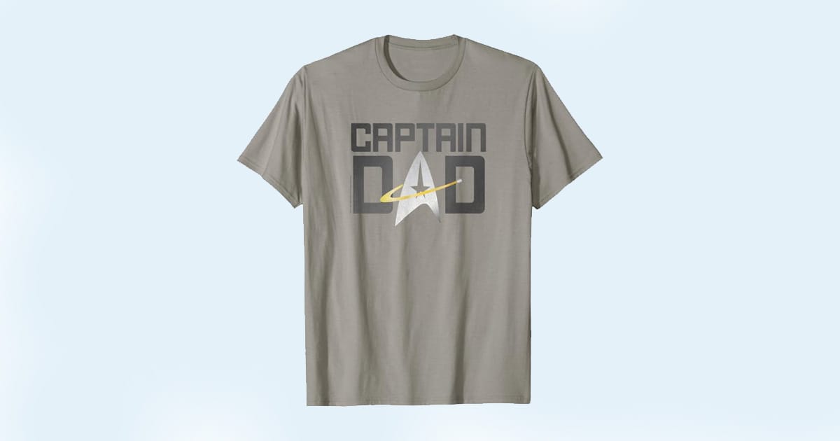 Gray T-shirt with the words "Captain Dad" and the Starfleet insignia integrated into the design