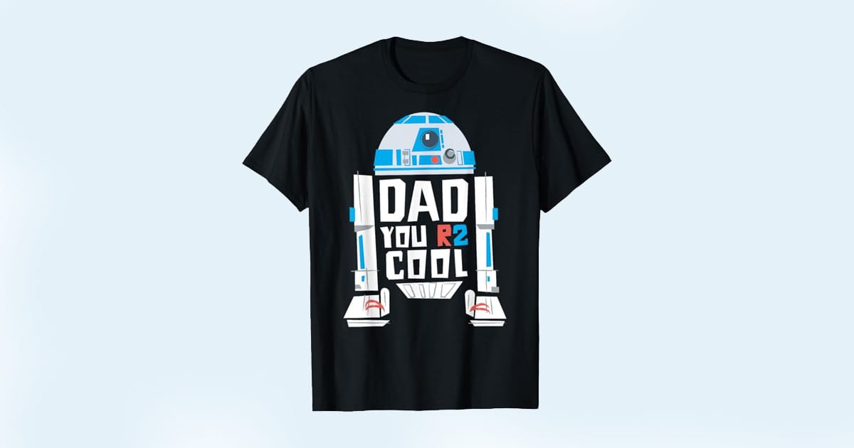 Black T-shirt with R2-D2 design and the phrase "Dad You R2 Cool" in bold white and red text