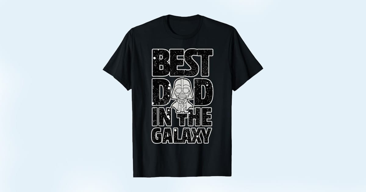 Black T-shirt with stylized Darth Vader illustration and the phrase "Best Dad in the Galaxy" in bold white lettering