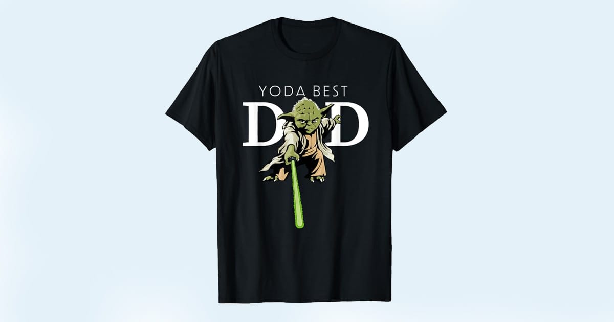 Black T-shirt featuring Yoda with lightsaber and the phrase "Yoda Best Dad"