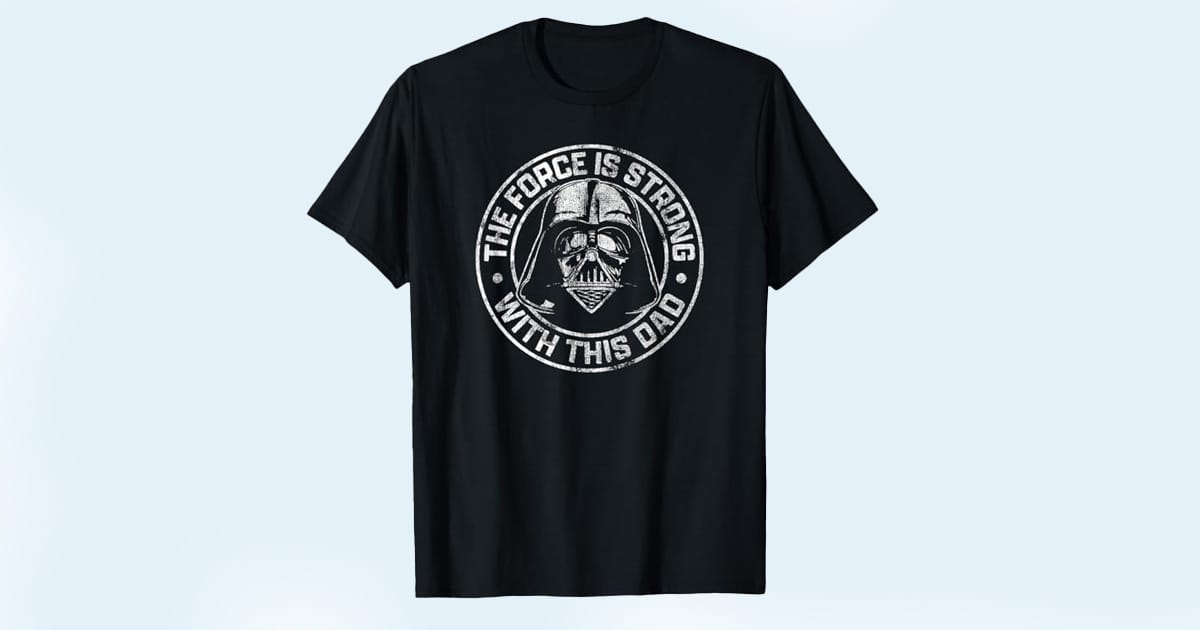 Black T-shirt featuring Darth Vader with the text "The Force Is Strong with This Dad"