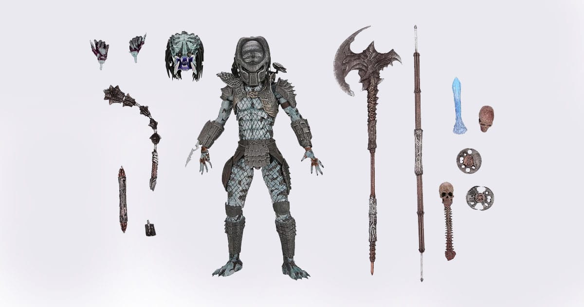 NECA Warrior Predator action figure with ceremonial armor, interchangeable head, battle axe, spear, plasma effect, and trophy accessories displayed on white background