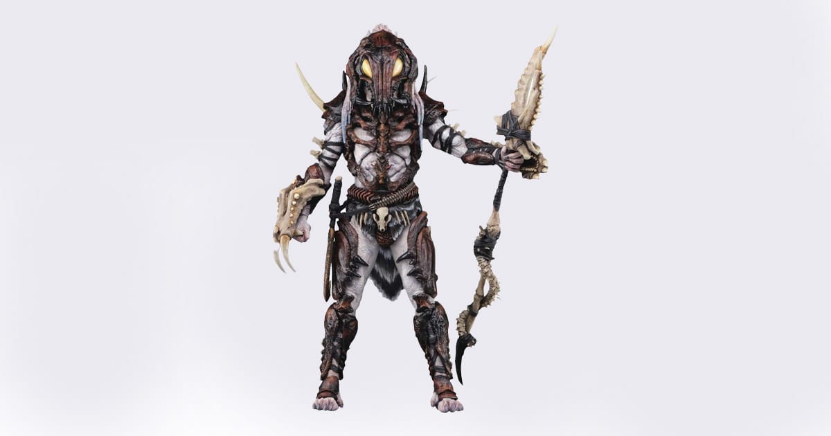 NECA Alpha Predator action figure 100th edition, featuring organic armor, tribal weaponry, and detailed sculpt inspired by early Predator concept art.