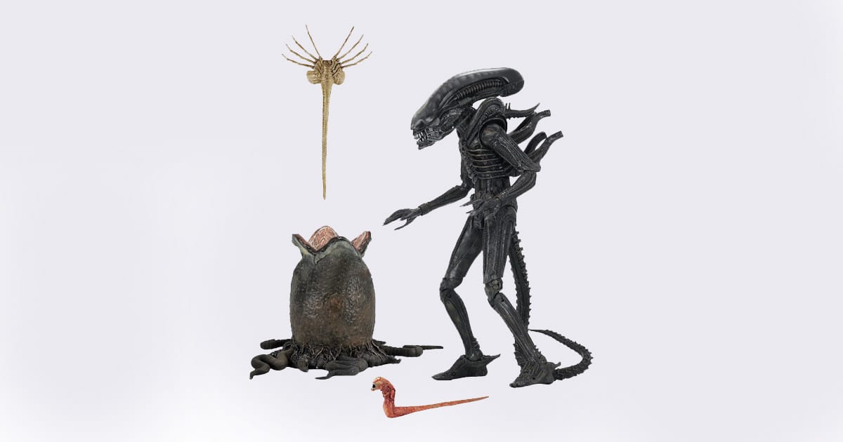 NECA Ultimate Big Chap Alien figure with facehugger, chestburster, and egg accessories, based on 1979 Alien design, displayed on white background