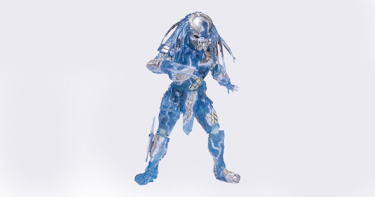 Hiya Toys Camouflage Celtic Predator action figure with translucent blue armor and detailed sculpt, posed mid-motion on white background.