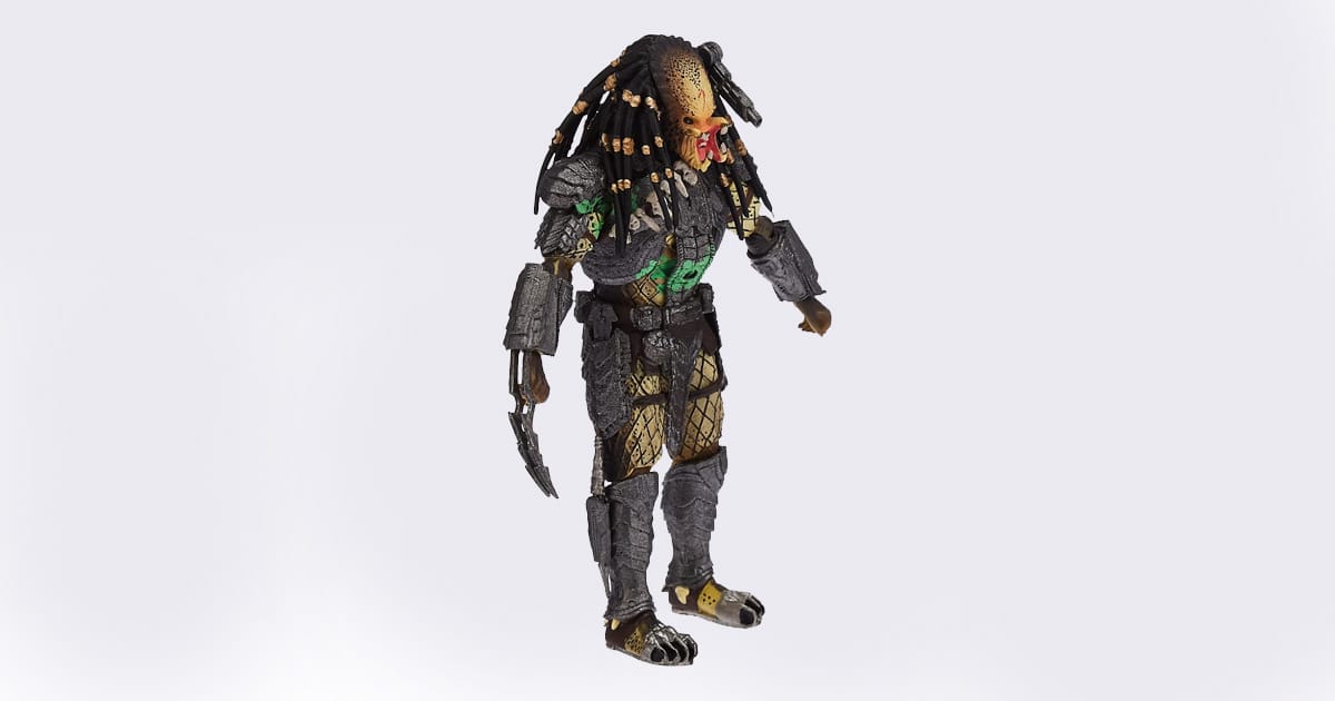 Hiya Toys Final Battle Damaged Scar Predator action figure with armor damage and vivid green acid burn, based on Alien vs Predator film design.
