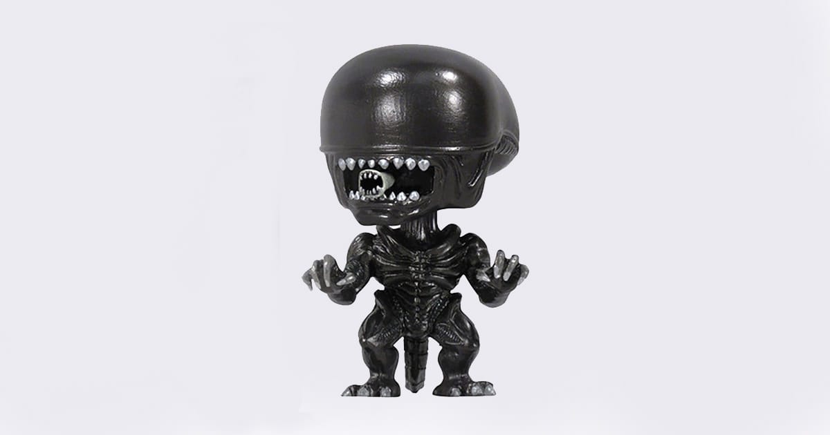 Funko Pop Alien vinyl figure with oversized head and stylized Xenomorph design, black chibi-style collectible posed on white background.