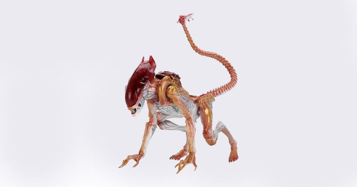 NECA Ultimate Panther Alien figure in red and bone color scheme, crouched with long tail and detailed body, based on Kenner tribute series design.