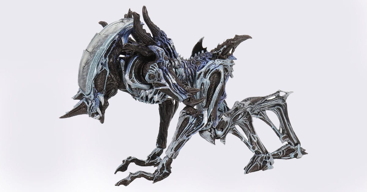 NECA Rhino Alien action figure in blue and black color scheme, crouched with horned head and muscular limbs, based on Kenner-inspired design.