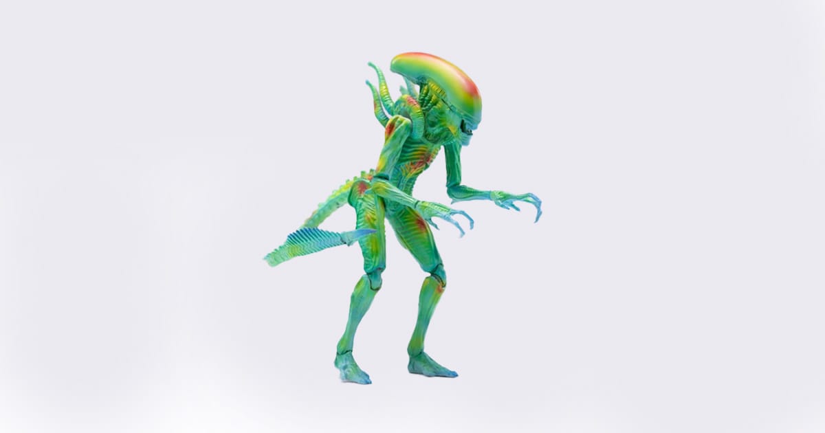 Hiya Toys Thermal Vision Alien Warrior action figure in translucent thermal heat-map colors, inspired by Predator's infrared perspective, on white background.