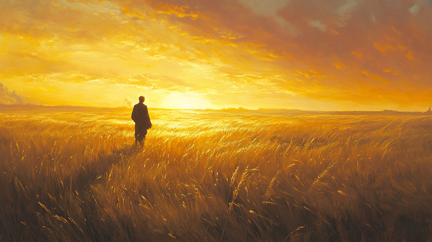 A solitary person standing in a golden field at sunset, gazing toward the glowing horizon, symbolizing reflection, transcendence, and quiet emotional strength.
