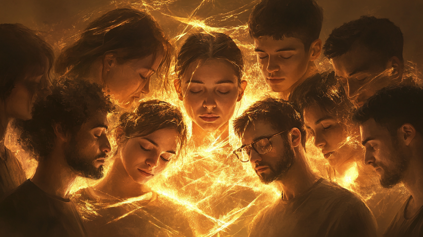 A group of diverse individuals with closed eyes, gently connected by glowing strands of light, symbolizing shared consciousness, empathy, and emotional transformation.