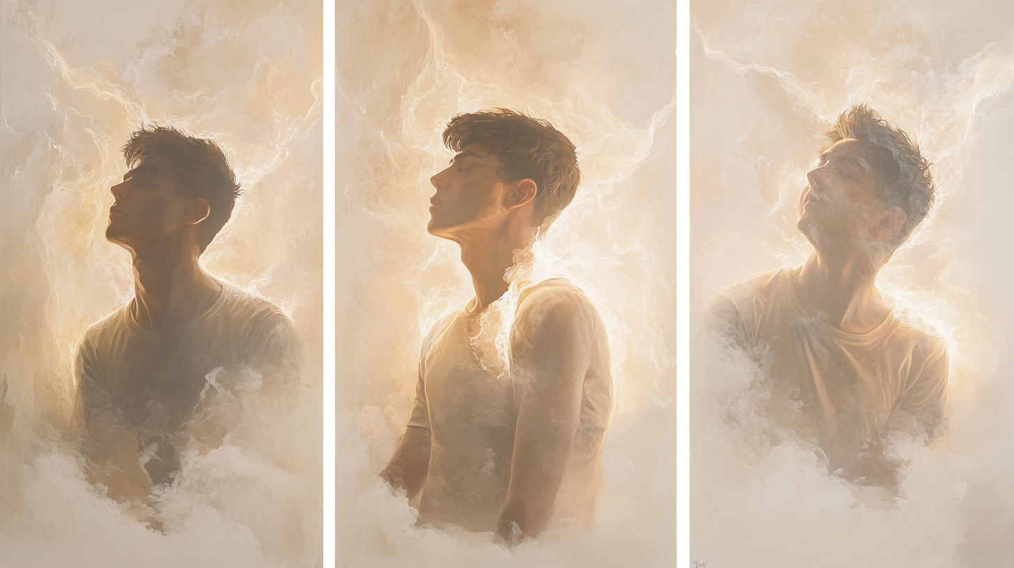 Three connected portraits of a young man in evolving emotional states, surrounded by soft light and mist, symbolizing inner growth and psychological progression.