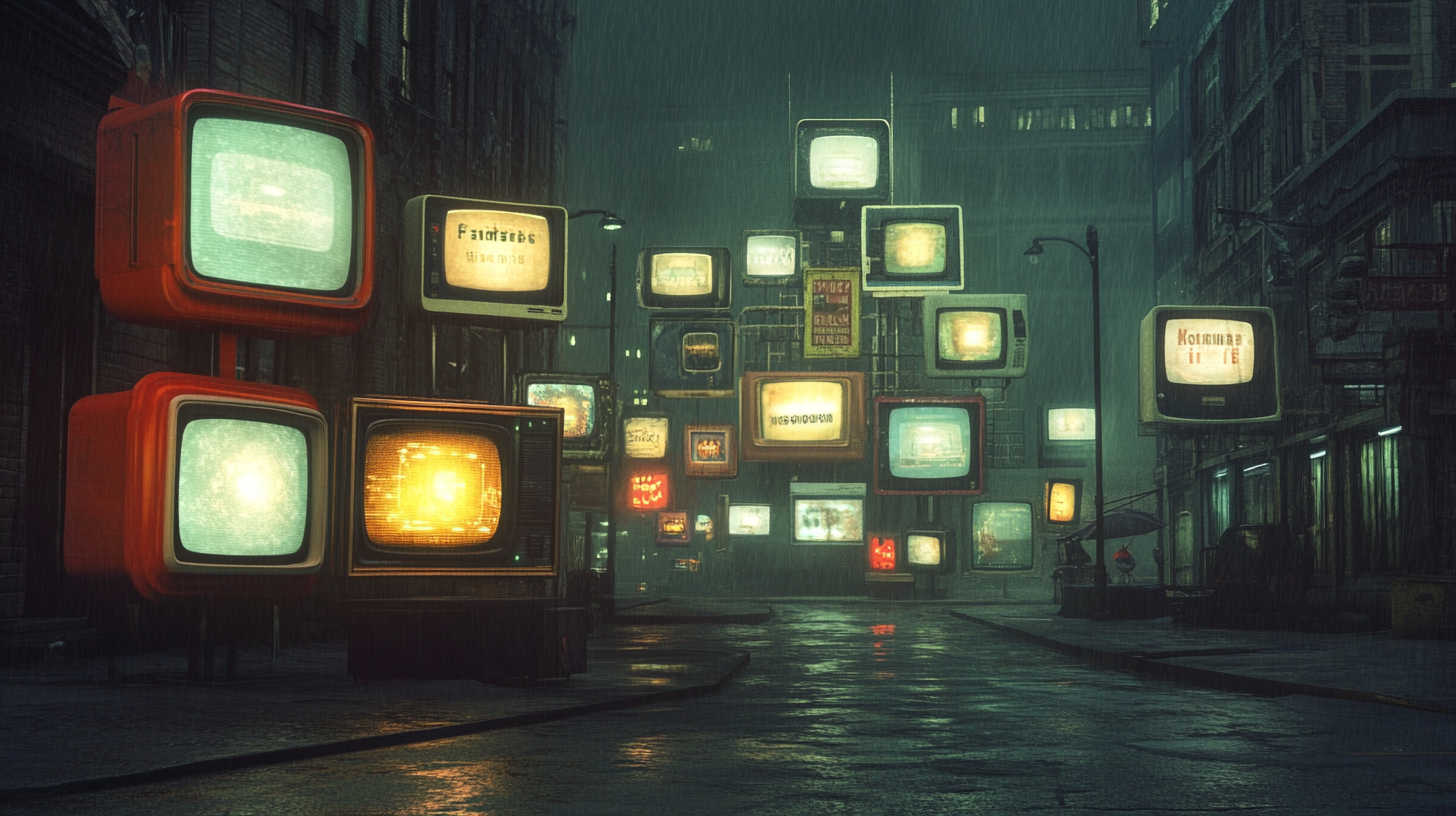 A dark, rainy 1950s-style city street filled with glowing vintage televisions suspended above, symbolizing cultural decay and media saturation in a dystopian world.