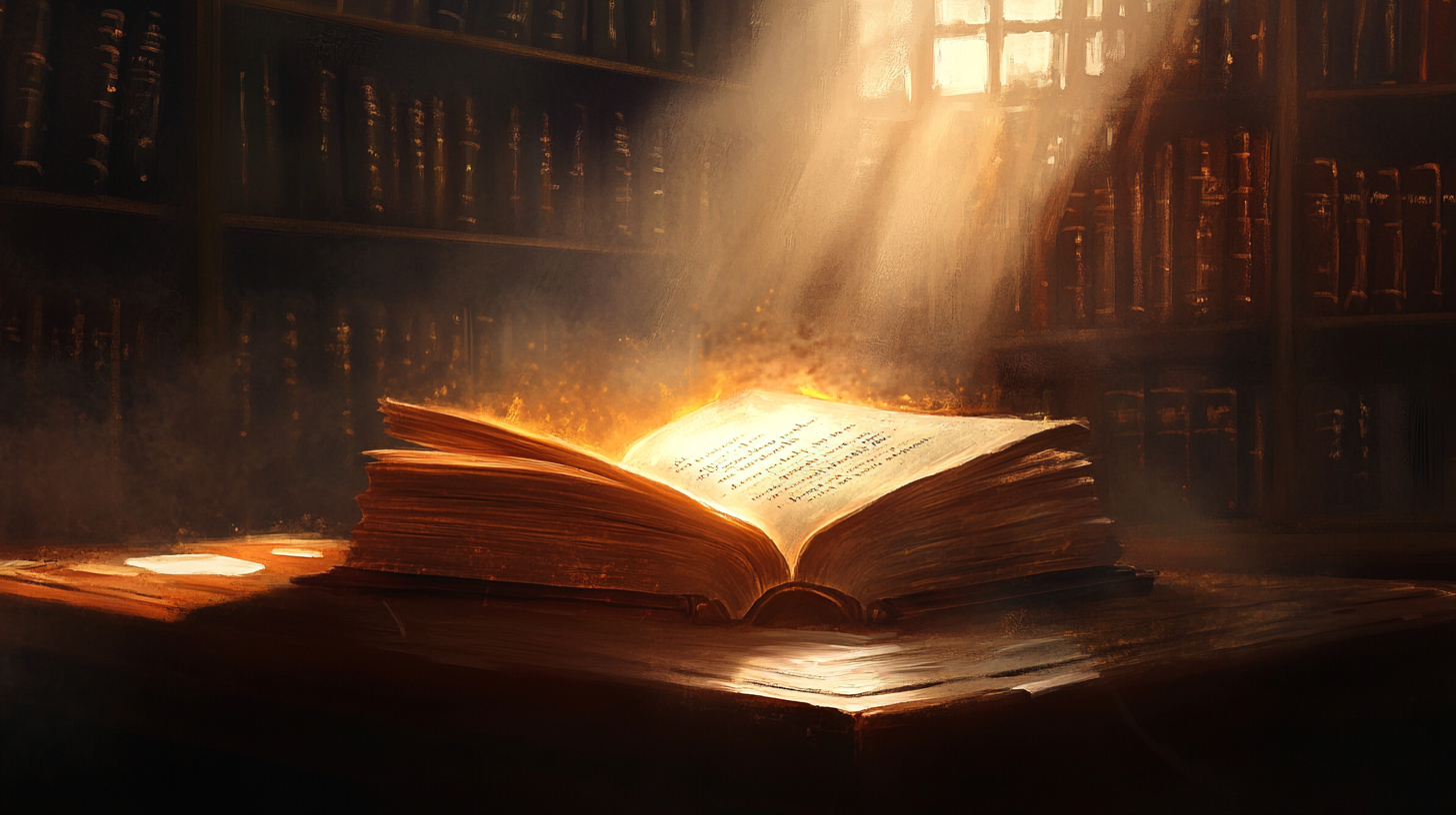 An old open book glowing under a beam of sunlight in a shadowed library, symbolizing literary legacy and the enduring impact of classic science fiction.