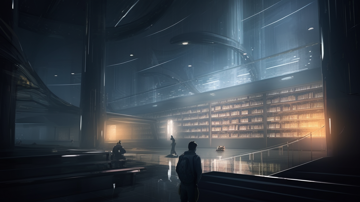 Futuristic library interior with towering shelves and ghostly figures reading books, evoking the enduring legacy of classic science fiction.