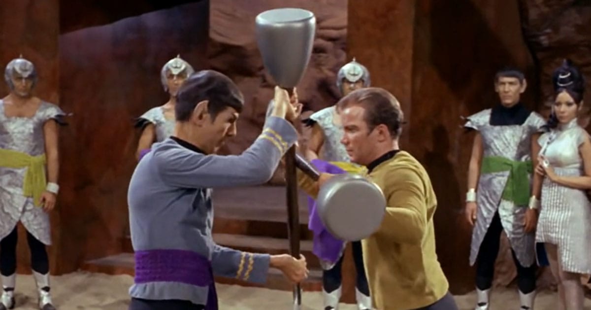 A screen capture showing Spock and Kirk fighting.