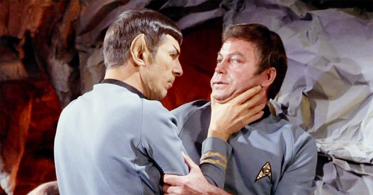 A screen capture showing the characters Spock and McCoy struggling.