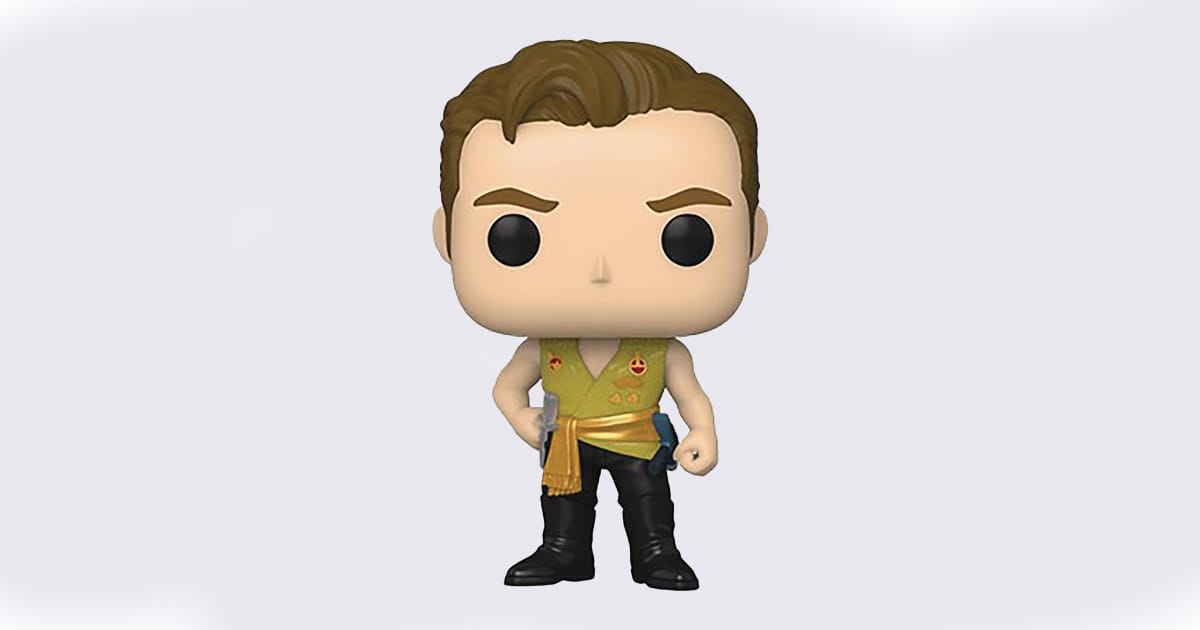 Funko Pop vinyl figure of Captain Kirk in his Mirror Universe outfit, featuring a sleeveless vest, sash, and phaser, styled in classic chibi proportions.