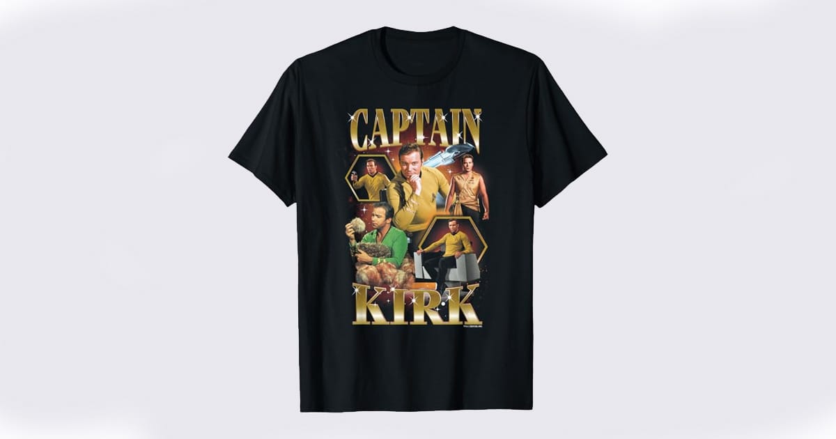 Black t-shirt featuring multiple images of Captain Kirk in various Star Trek scenes, with gold text reading "Captain Kirk" and a starry space-themed background.