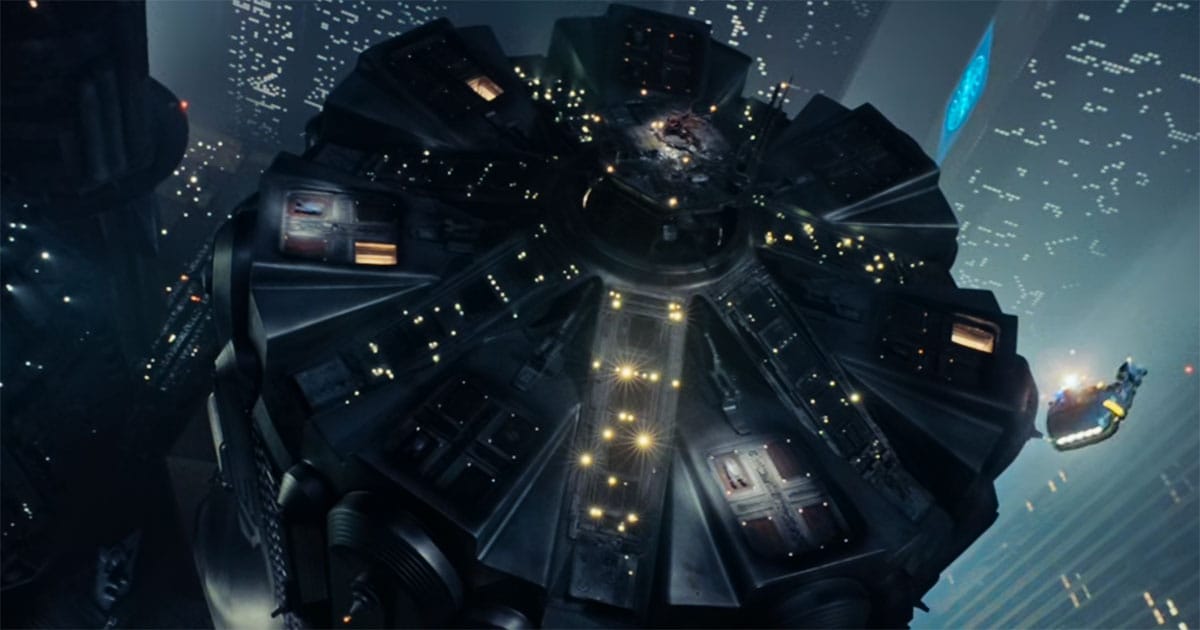 Futuristic city tower at night with a single flying spinner surrounded by scattered lights and dark misty skyline