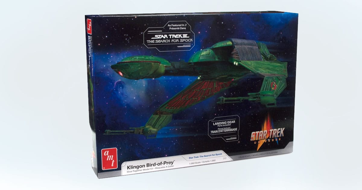 Box art of the Star Trek Klingon Bird of Prey model kit showing the green warship with wings spread in space.