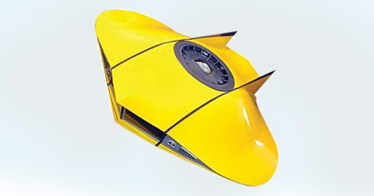 Model of the Moebius Mini Flying Sub from Voyage to the Bottom of the Sea in bright yellow with twin fins.