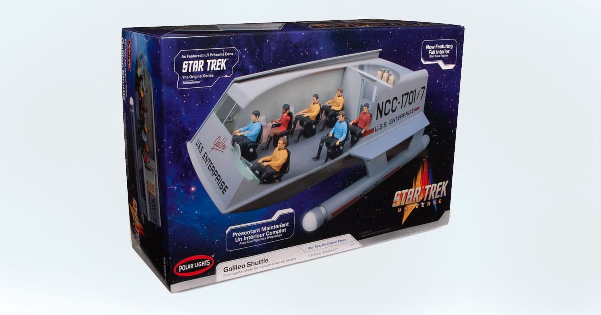 Box art of the Star Trek Galileo Shuttle model kit showing the full interior with crew figures.