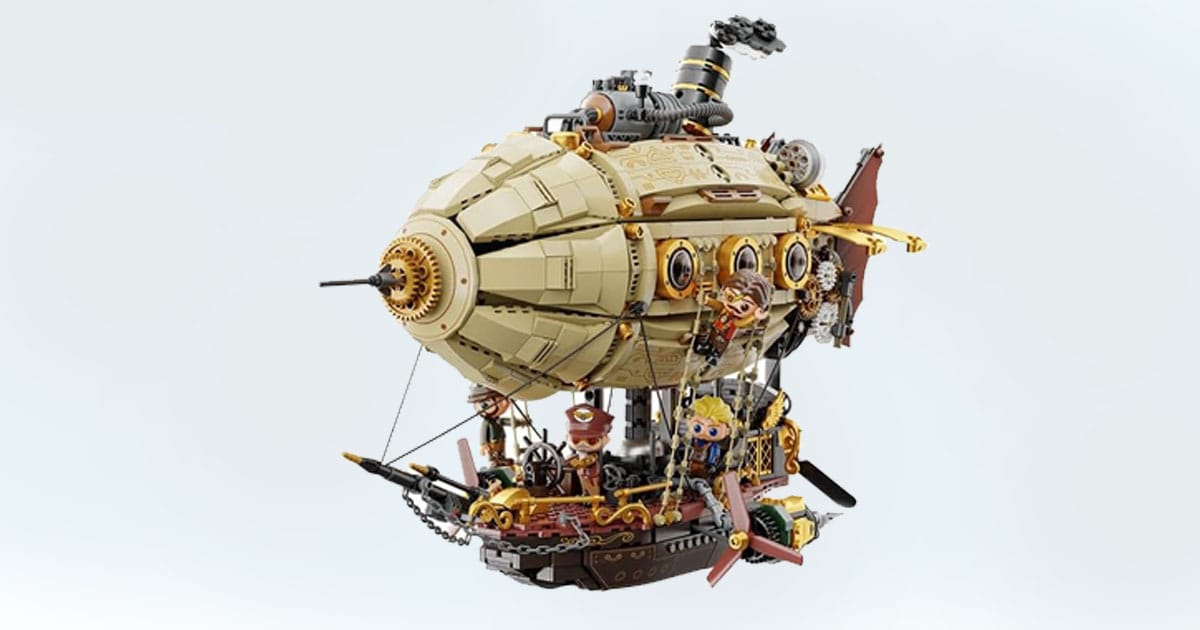 Detailed model of a steampunk airship with copper plating, gears, and propellers.