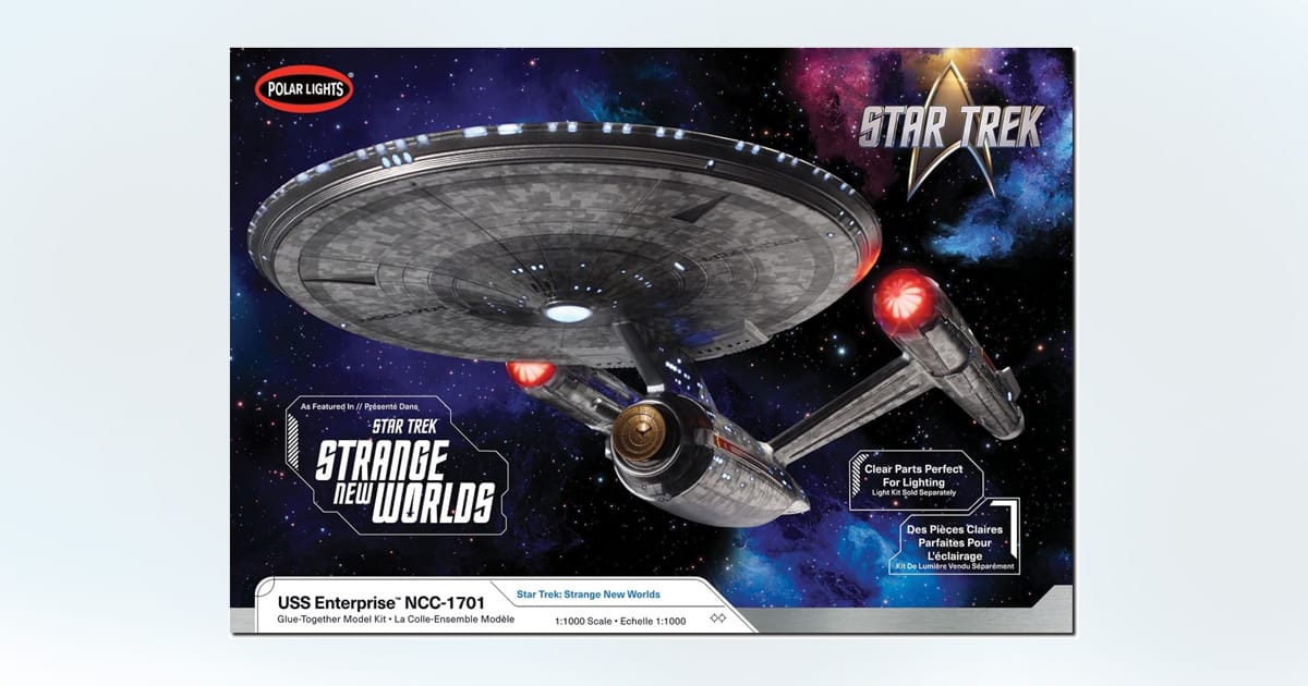 Box art of the U.S.S. Enterprise NCC-1701 model kit from Star Trek Strange New Worlds showing the starship in space.