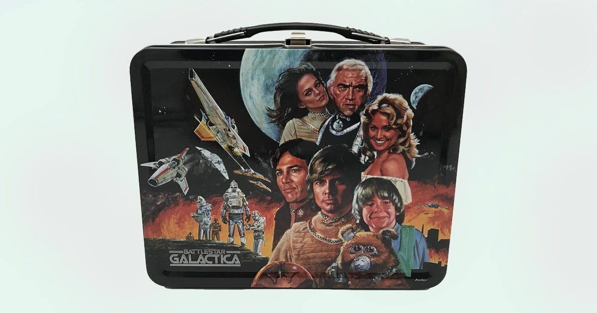 Battlestar Galactica retro tin tote with colorful artwork of characters, ships, and Cylons from the original series.