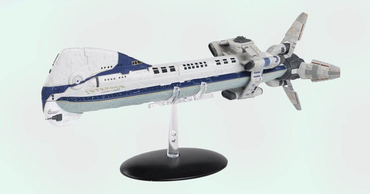 Battlestar Galactica Colonial One ship replica with detailed paintwork and display stand.