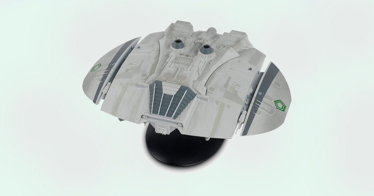 Battlestar Galactica Cylon Raider replica model with fine detailing and display stand.