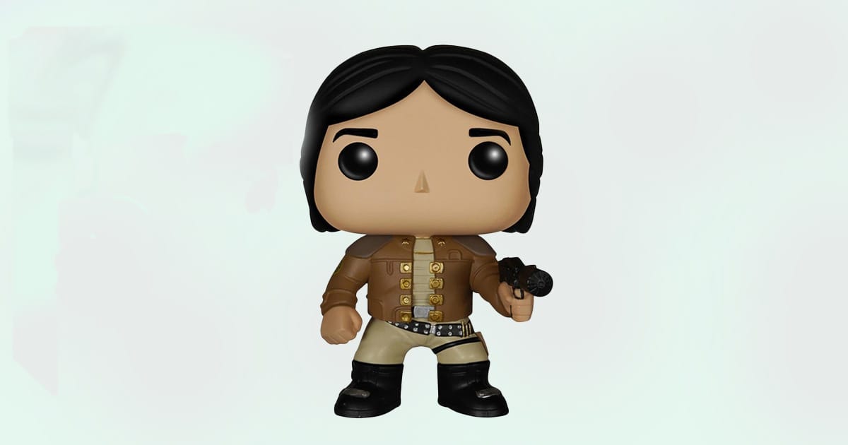 Battlestar Galactica Classic Apollo Funko Pop vinyl figure with blaster and brown flight jacket.