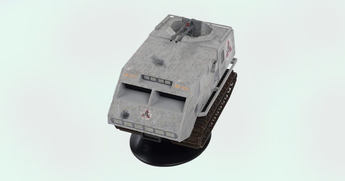 Battlestar Galactica Landram replica model with detailed treads, turret, and weathered finish on display stand.