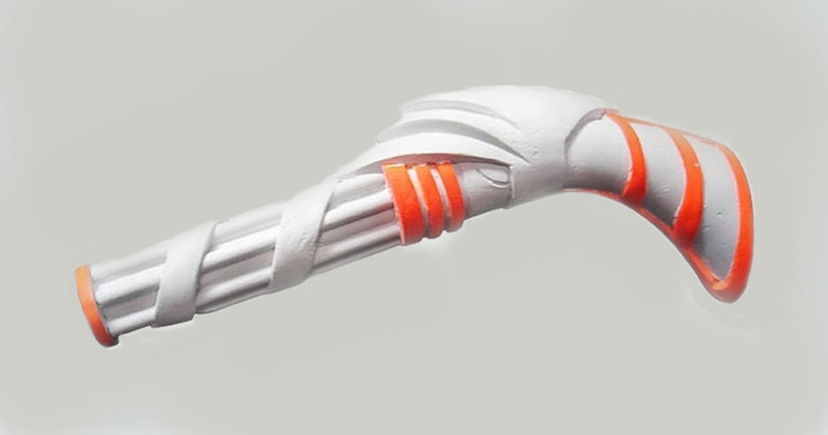 Romulan disruptor gun replica with white and orange curved handle design.