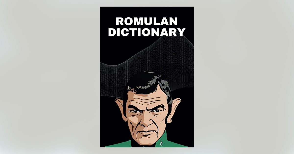 Romulan dictionary book cover featuring illustration of Romulan character with pointed ears on black background.