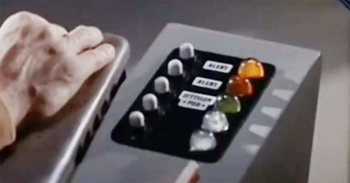 Original "Star Trek" captain’s chair alert panel with multicolored jelly bean buttons used to signal ship warnings and commands.