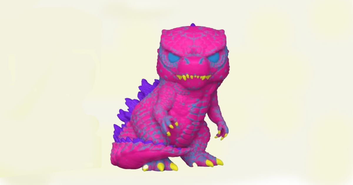 Bright pink and purple Funko POP Godzilla figure with neon yellow claws and glowing blue eyes, styled for blacklight display.