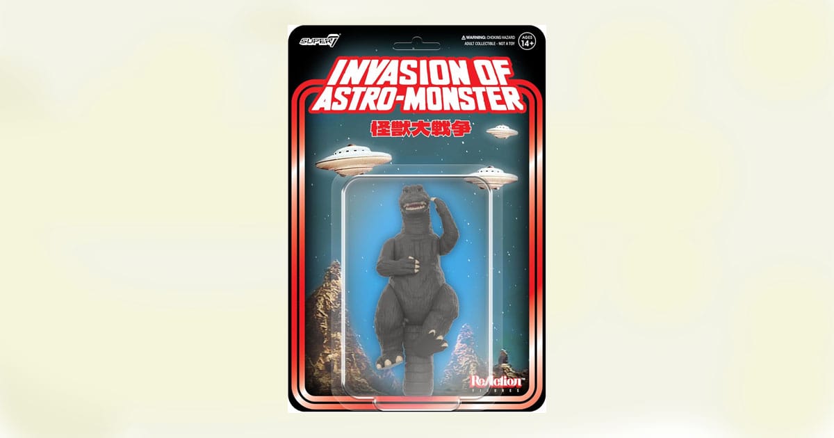 Super7 ReAction Godzilla figure from Invasion of Astro-Monster in vintage blister packaging with UFOs and Japanese text.