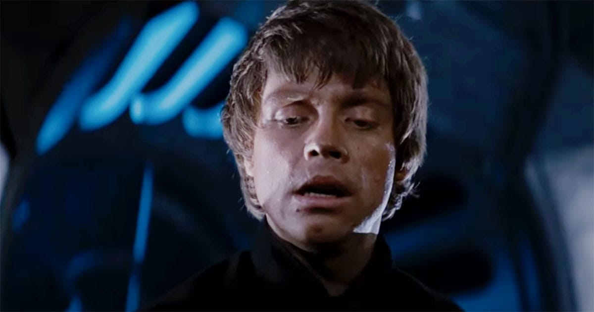 Luke Skywalker lowers his lightsaber after refusing to strike Darth Vader in "Return of the Jedi"