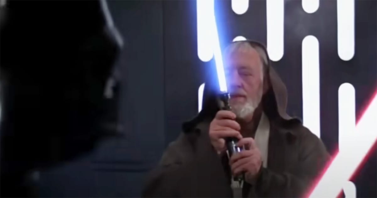 Obi-Wan Kenobi stands still as Darth Vader prepares to strike in "A New Hope," showing calm and surrender in his final moments