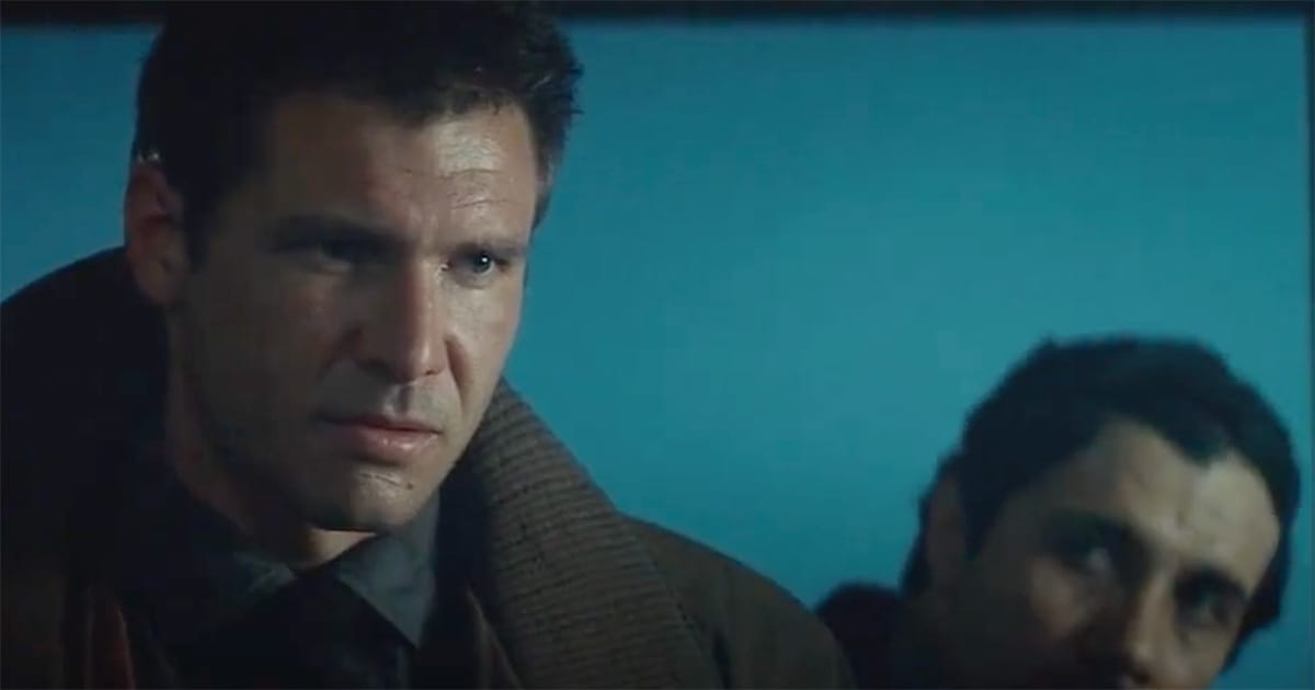 Blade Runner scene showing Deckard and Gaff in a tense moment with a blue background emphasizing suspicion and control.