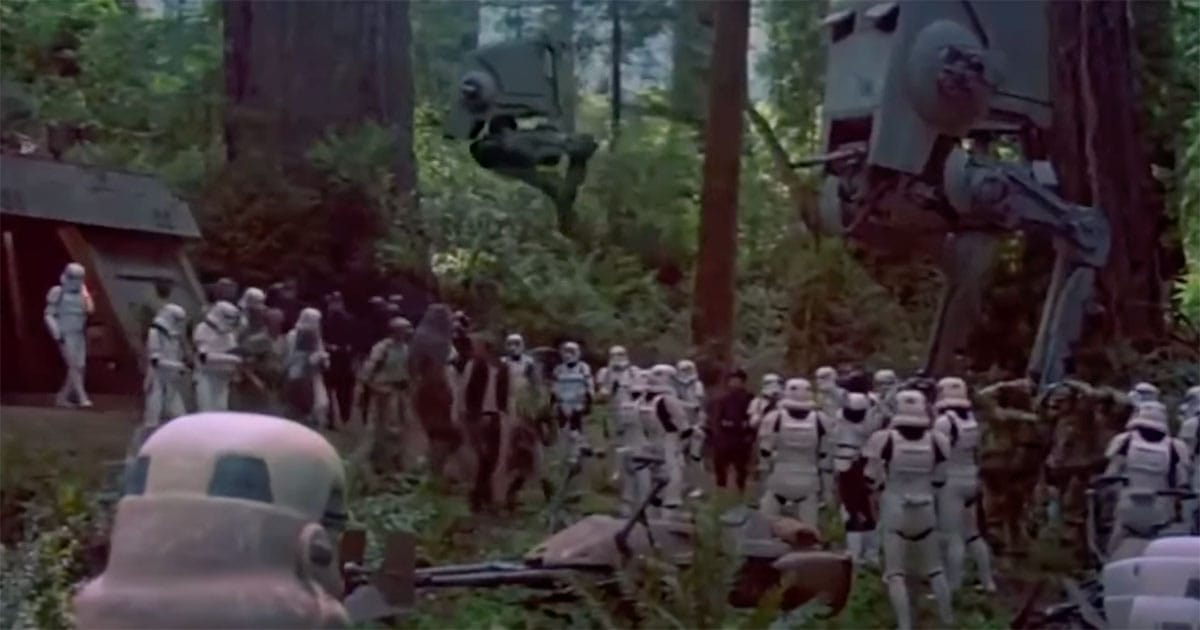 Stormtroopers and walkers surrender to Rebel forces and Ewoks on Endor in Return of the Jedi (1983)